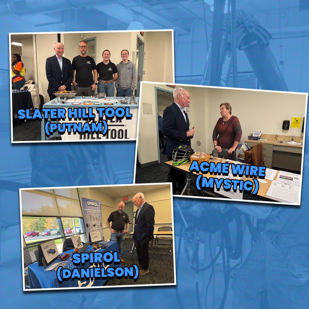 A blue-background collage of three photos showing people at indoor business or industry displays, including a group standing behind a table of tools and products, and two conversations at exhibit tables. There is prominent text overlaid on each photo.