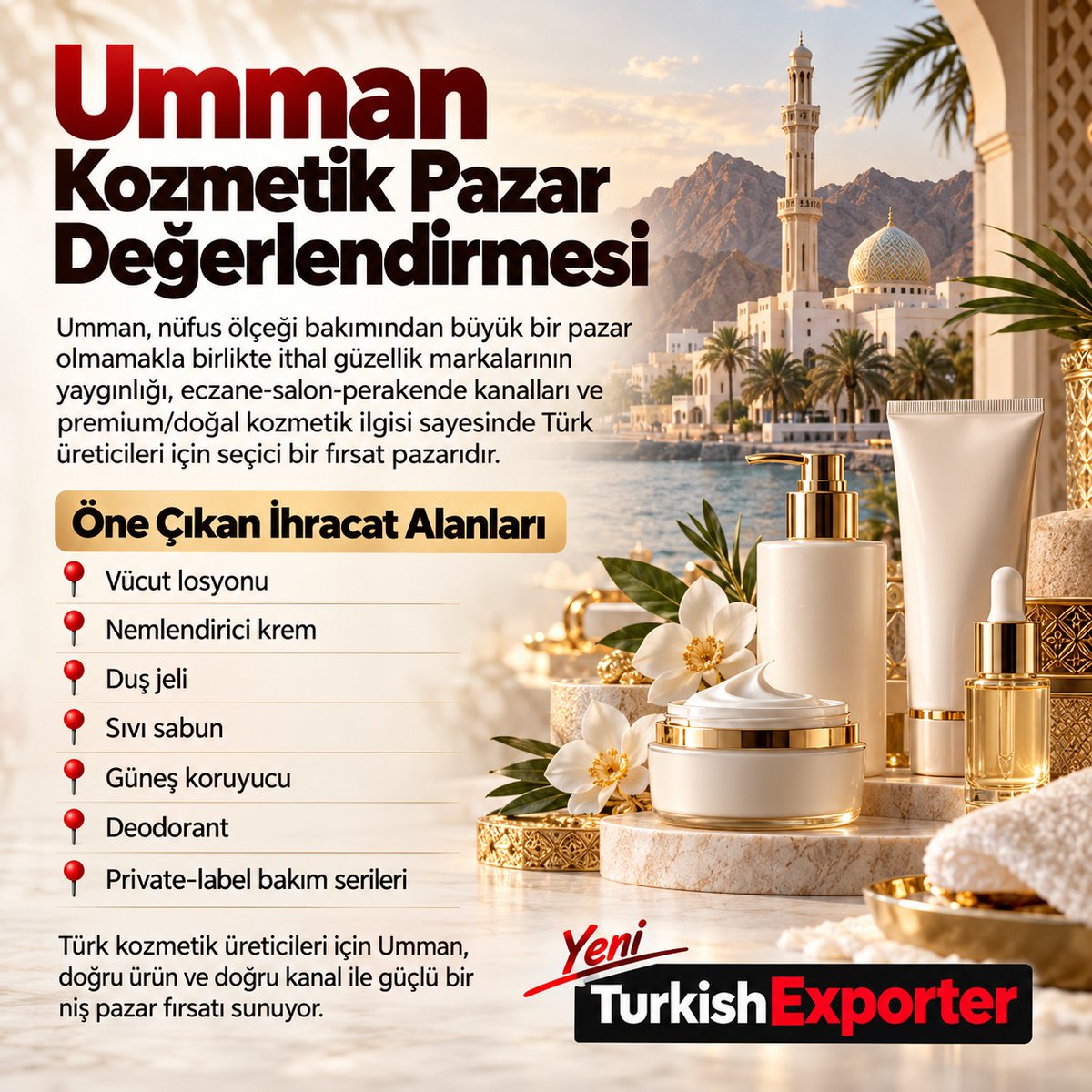 TurkshExporter's tweet photo. 🇴🇲 UMMAN KOZMETİK PAZARINDA TÜRK MARKALARINA YENİ FIRSATLAR!

Umman, küçük nüfusuna rağmen ithal güzellik markalarına ilgisi, güçlü perakende kanalları ve premium/doğal kozmetik talebiyle Türk ihracatçıları için dikkat çekici bir pazar.

Umman'a ihraç edilebilecek öne çıkan ürünler:

📍 Vücut Losyonları

📍 Nemlendirici Kremler

📍 Duş Jelleri

📍 Sıvı Sabunlar

📍 Güneş Koruyucular

📍 Deodorantlar

📍 Özel Markalı (Private Label) Bakım Serileri

Türk kozmetik üreticileri için Umman, doğru distribütör ve rekabetçi ürün stratejisiyle büyüme fırsatları sunuyor.