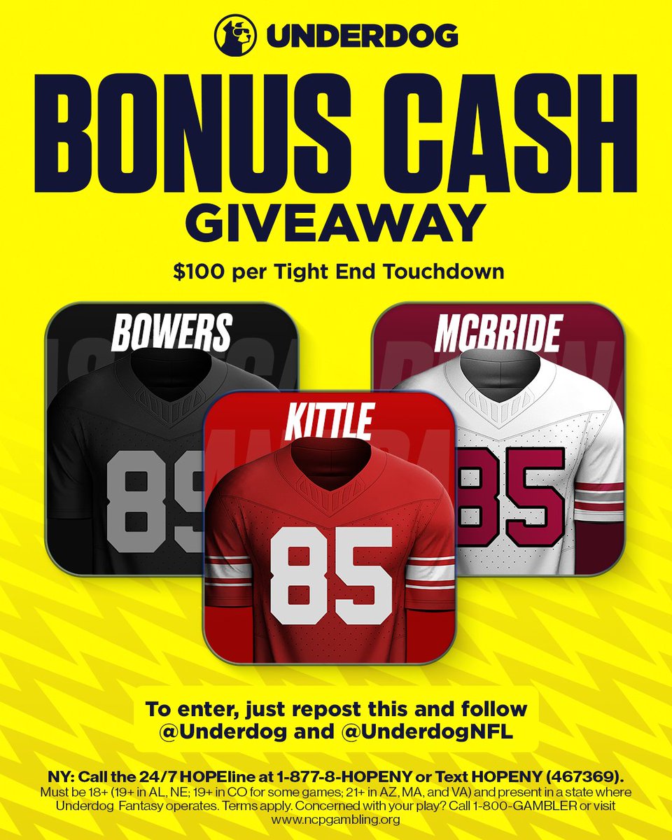 Underdog's tweet photo. 🚨 BONUS CASH GIVEAWAY 🚨

It's National Tight Ends Day 🙌 

We're adding $100 to the pot for every TD by a TE today!

10 people will split the final prize pool.

To enter:
1️⃣ Repost this
2️⃣ Follow @Underdog
3️⃣ Follow @UnderdogNFL