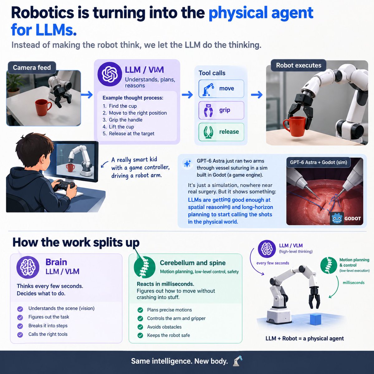 stevencheng's tweet photo. Robotics is turning into the physical agent for LLMs.

For the last few years, embodied AI has mostly been about getting robots to learn moves on their own. Train with RL over and over. Collect teleop data to train VLAs. Chase general-purpose humanoids with dexterous hands. What you get: pricey data, a zoo of incompatible hardware, and slow progress.

There's another path that's starting to actually work: don't make the robot think. Let the LLM do the thinking.

The model looks at the camera feed, figures out the task, breaks it into steps, then uses tool calls to hit the arm's "move", "grip" and "release".
Picture a really smart kid with a game controller, staring at a screen, driving a robot arm.
Someone just had GPT-6 Astra run two arms through vessel suturing in a sim built in Godot, a game engine. It's just a sim, nowhere near real surgery. But it shows something: LLMs are getting good enough at spatial reasoning and long-horizon planning to start calling the shots in the physical world.

So here's how the work splits up:

🧠 Brain: LLM / VLM. Thinks every few seconds. Decides what to do.
🦴 Cerebellum and spine: motion planning, low-level control, safety. Reacts in milliseconds. Figures out how to move without crashing into stuff.

My little propeller balancing toy has to tweak its PWM every 10 ms or the stick just falls over. One LLM tool call takes a few seconds. Doesn't matter how smart the brain is, it can't do the cerebellum's job.
But the "what to do" part? That's going to the models, more and more.

So what does this mean for robotics companies?

An agent is basically a reseller. Robots are going to be the LLMs' resellers in the physical world.
Better models make robots more useful, sure. But more of the value keeps flowing upstream to OpenAI, Anthropic and Google.

The robotics companies that make it will look like the resellers that make it. Two kinds:
• The ones that nail the "cerebellum": hardware, control, safety. Stuff the model can't do for you.
• The ones that go really deep on one setting: the workflows, data and customers of a specific factory, lab or warehouse.

If you're just a middle layer, upstream will squeeze you sooner or later.
LLMs won't replace robotics. Robotics will become their hands and feet.

Inspired by @lidangzzz's ideas and @maoconsult511's experiment. Thanks, both.