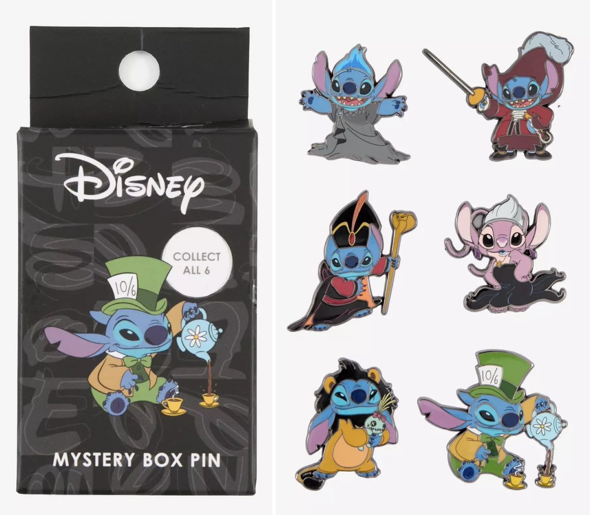 DisneyPinsBlog's tweet photo. New Stitch &amp; Angel Villains blind box pin set at Hot Topic: https://t.co/ZrAd7IpNVR https://t.co/dHEOSdSauD