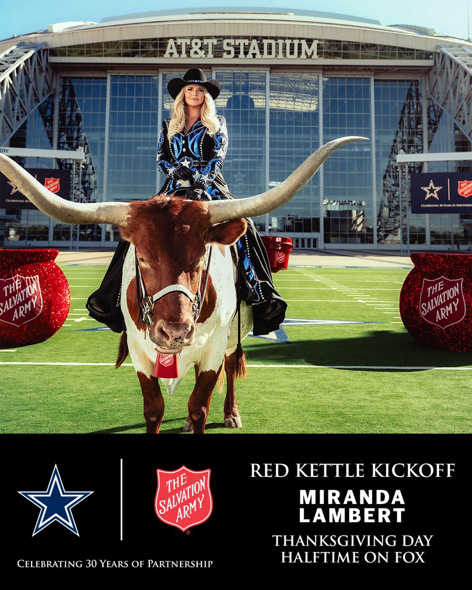 dallascowboys's tweet photo. JUST ANNOUNCED: @mirandalambert will take the stage for The Salvation Army's 30th Red Kettle Kickoff Halftime Show at our Thanksgiving Day game on FOX ⭐️ https://t.co/W9jlR9czWn