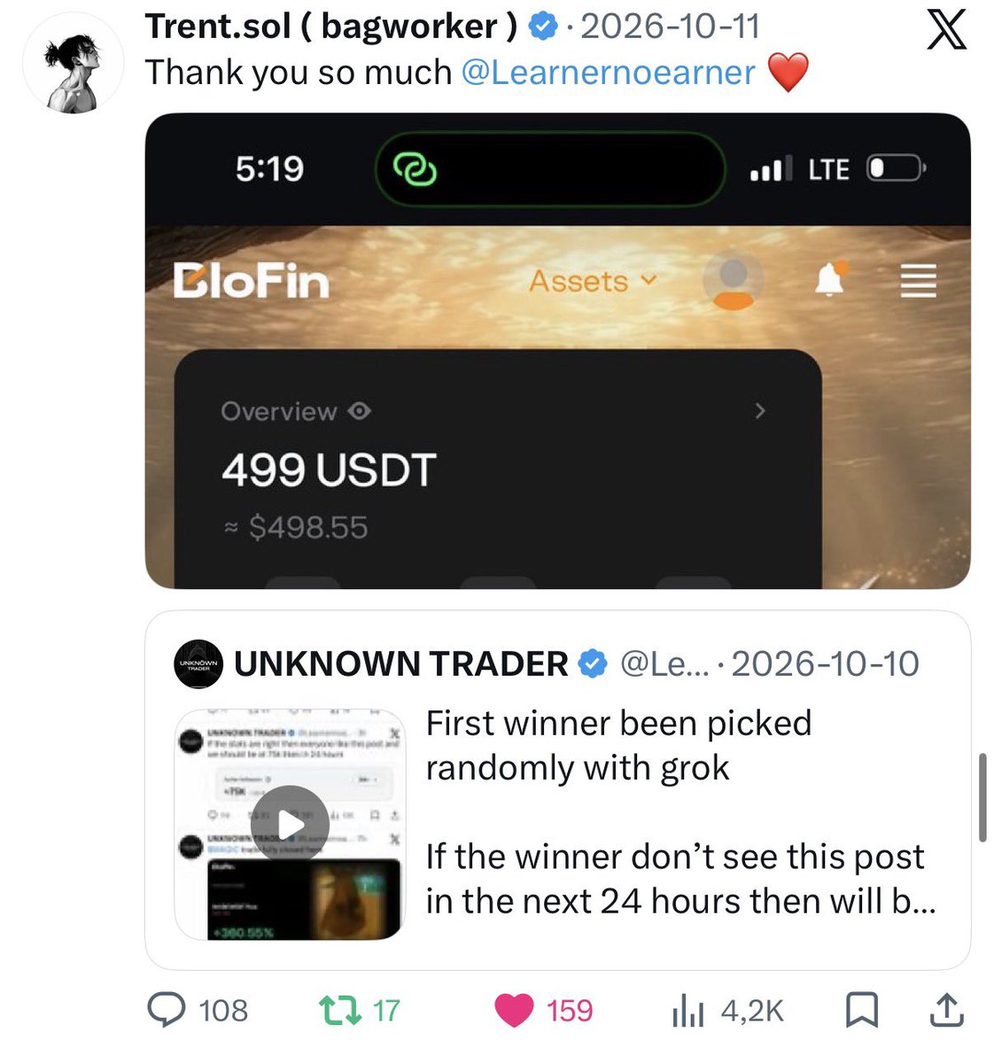 Learnernoearner's tweet photo. First winner picked by grok got 500$

 second winner from discord won 500$ 

I will be giving away one more 500$ here on twitter to the active ones and winners picked today ❤️

250$ x 2 

Picked all winners long time ago but forgot to update here, my bad!! https://t.co/Xv2Vby3kaS