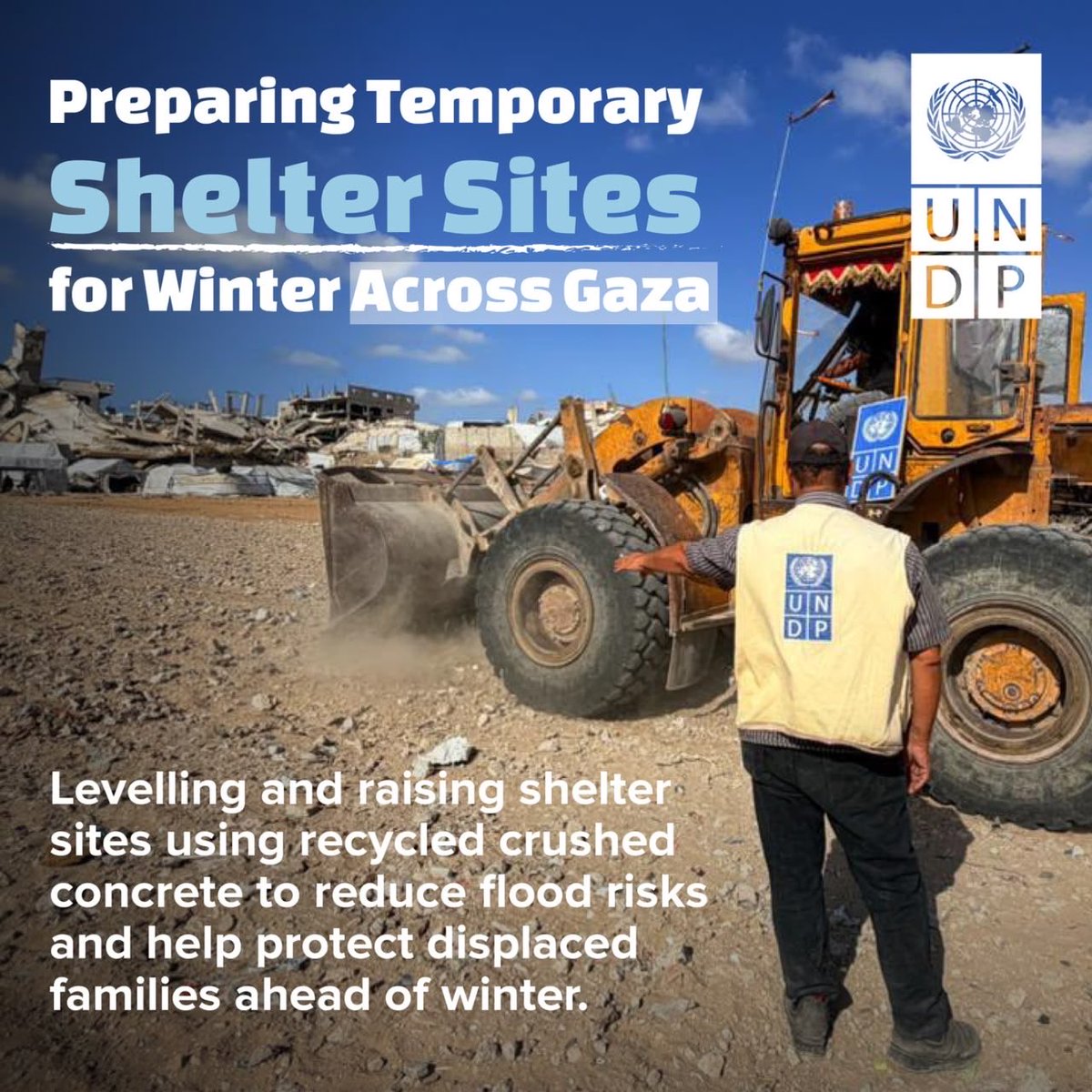 UNDPPalestinian's tweet photo. As winter approaches in #Gaza, displaced families face growing flood risks.

With support from 🇰🇷 Korea and 🇳🇴 Norway, @UNDP and partners are turning rubble into protection, using recycled crushed concrete to raise and level shelter sites.

Part of UNDP’s integrated neighbourhood approach, these efforts help protect displaced families ahead of winter. Sustained access to essential equipment and supplies remains critical to scaling up the response.