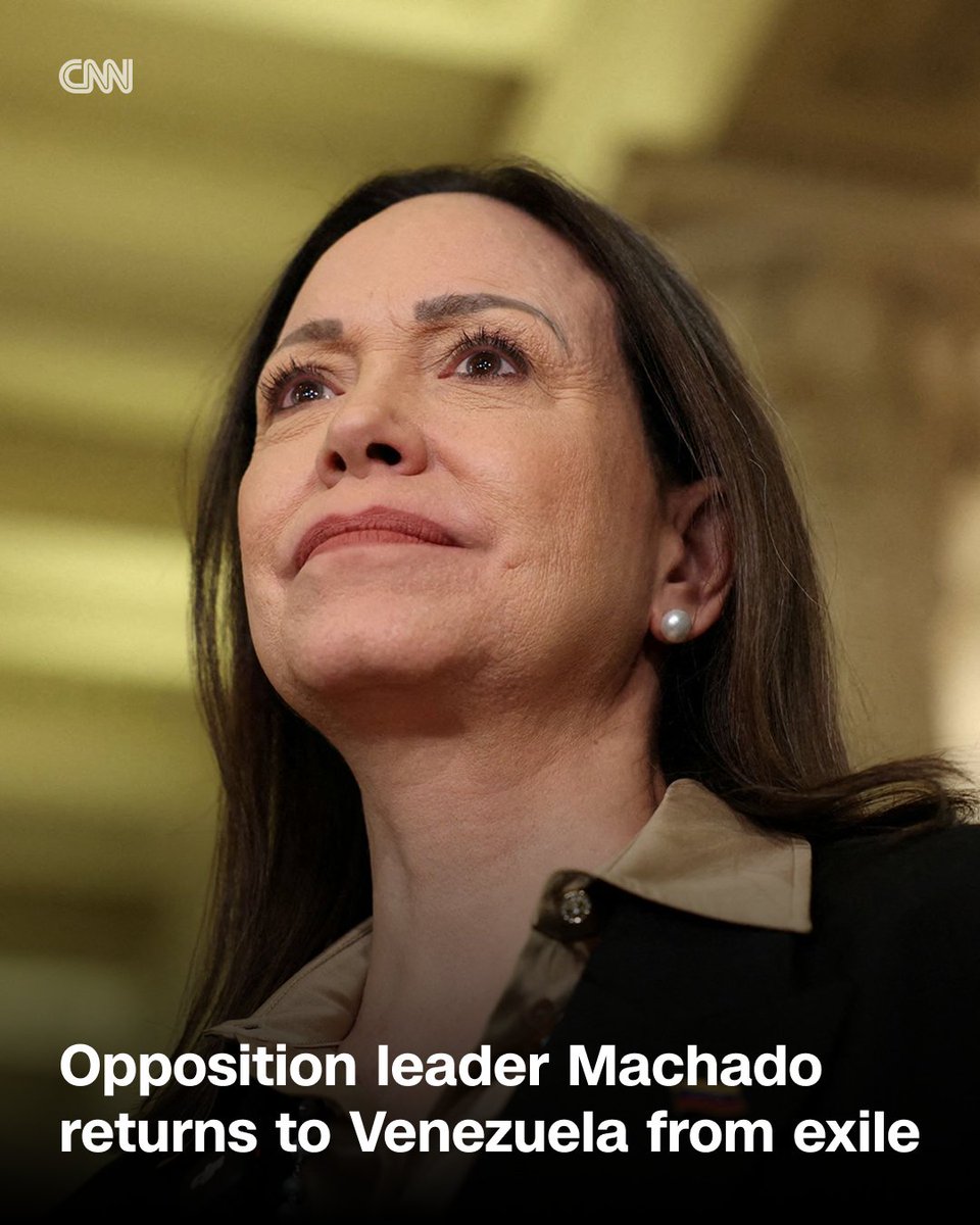 CNN's tweet photo. After more than 10 months in exile, Venezuelan opposition leader and Nobel laureate María Corina Machado has returned home.

"I am here. With you," Machado announced on X Sunday morning shortly before other members of the opposition confirmed her arrival without providing details. https://t.co/vKUcy5uiRo