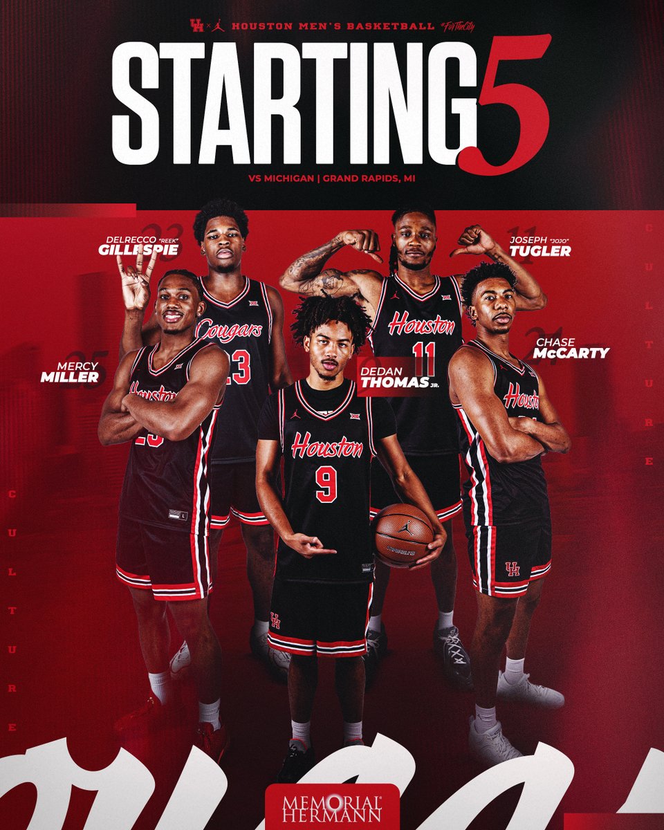 UHCougarMBK's tweet photo. HOUSTON STARTERS
presented by @memorialhermann 

G – 4️⃣ @DedanThomasJr
G – 2️⃣5️⃣ @mercymiller25
G – 2️⃣4️⃣ @Chasemccarty21
F – 1️⃣1️⃣ @joseph_tugler
F – 2️⃣3️⃣ @Delrecco2

#ForTheCity x #GoCoogs https://t.co/bY3QOHxIS9