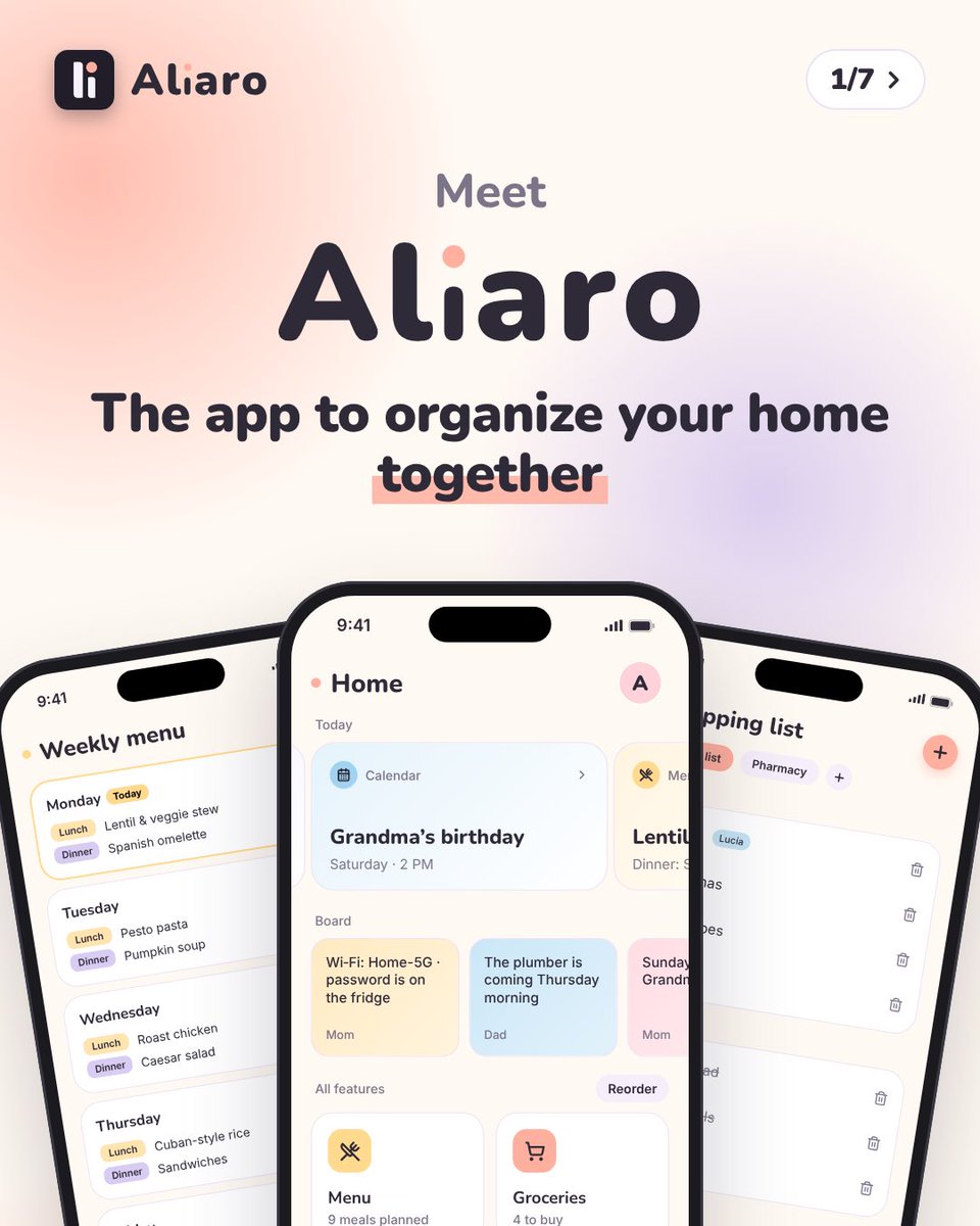 DeVaro95's tweet photo. Shipped Aliaro, a family organizer: shared shopping lists, chores, meal plan, calendar, reminders &amp; expenses, synced live for the whole family.

👉 https://t.co/Ezn6ygqZNE

#buildinpublic #indiedev https://t.co/BroV6fhpoo