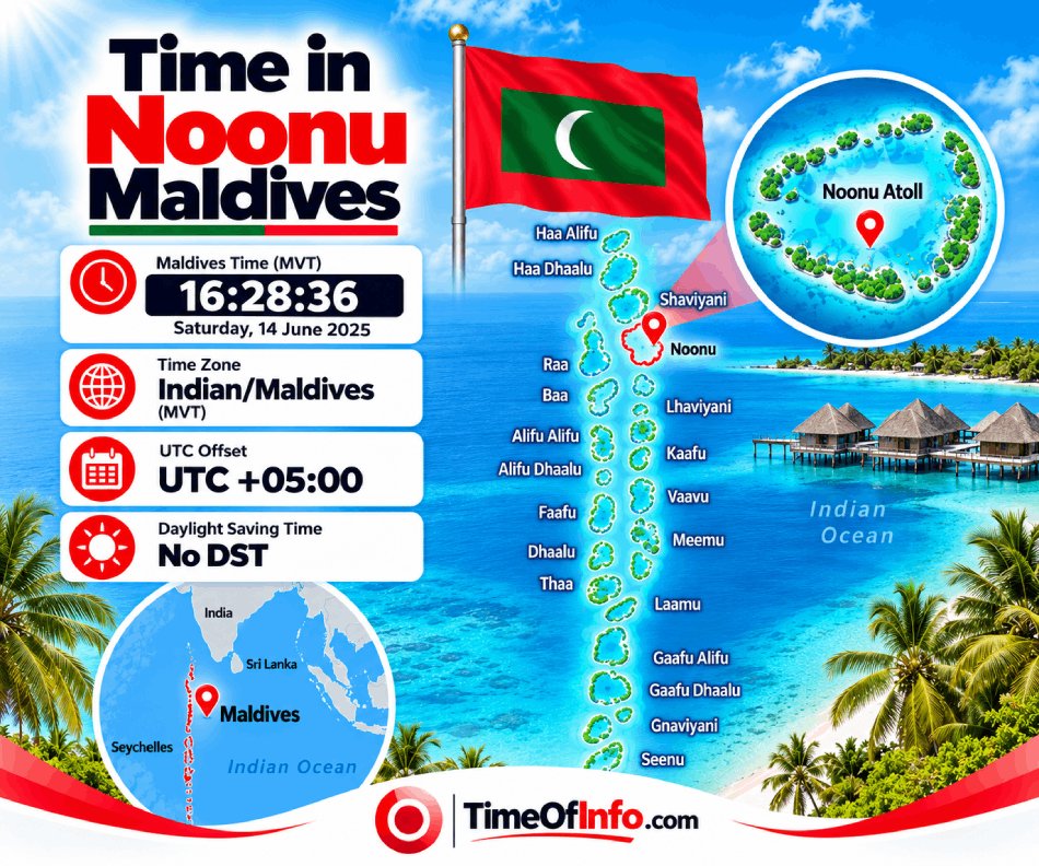 timeofinfo's tweet photo. What Time Is It in Noonu, Maldives?
Check the local time in Noonu, Maldives, and explore its time zone details. The Maldives follows MVT (UTC+05:00) throughout the year.
https://t.co/qkB2r9LcDF
#Noonu #Maldives #LocalTime, https://t.co/9rz2wUeDyC