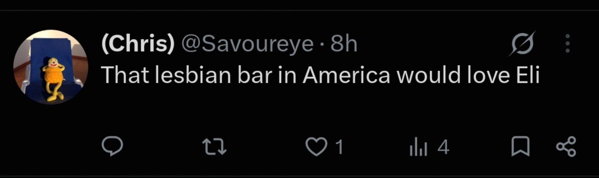 OneAndOnlyCyn's tweet photo. twitter has been so funny recently. i keep getting random tweets like this in my feed with barely any likes, we have no moots but I am invested still!! what lesbian bar are we talking about? who is Eli? so many question to be solved!!! https://t.co/cJQ3ytEJ8h