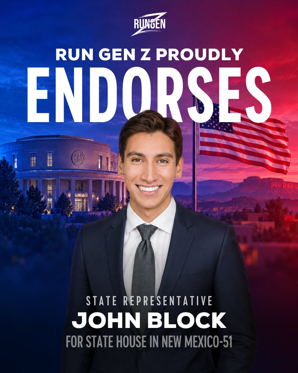 RunGenZ's tweet photo. Meet our 2026 New Mexico Slate
 
Run Gen Z is proud to endorse the next generation of conservative leadership in New Mexico:
 
State Rep. John Block · House District 51
 
Election Day is Tuesday, November 3.
 
See the full slate at https://t.co/JqyLArHpen https://t.co/uvWYWSdOjt