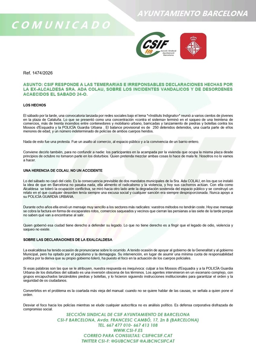 GUBCNCSIF's tweet photo. 🟢 COMUNICADO SOBRE LAS DECLARACIONES DE @AdaColau https://t.co/7OtTTwpsZr
