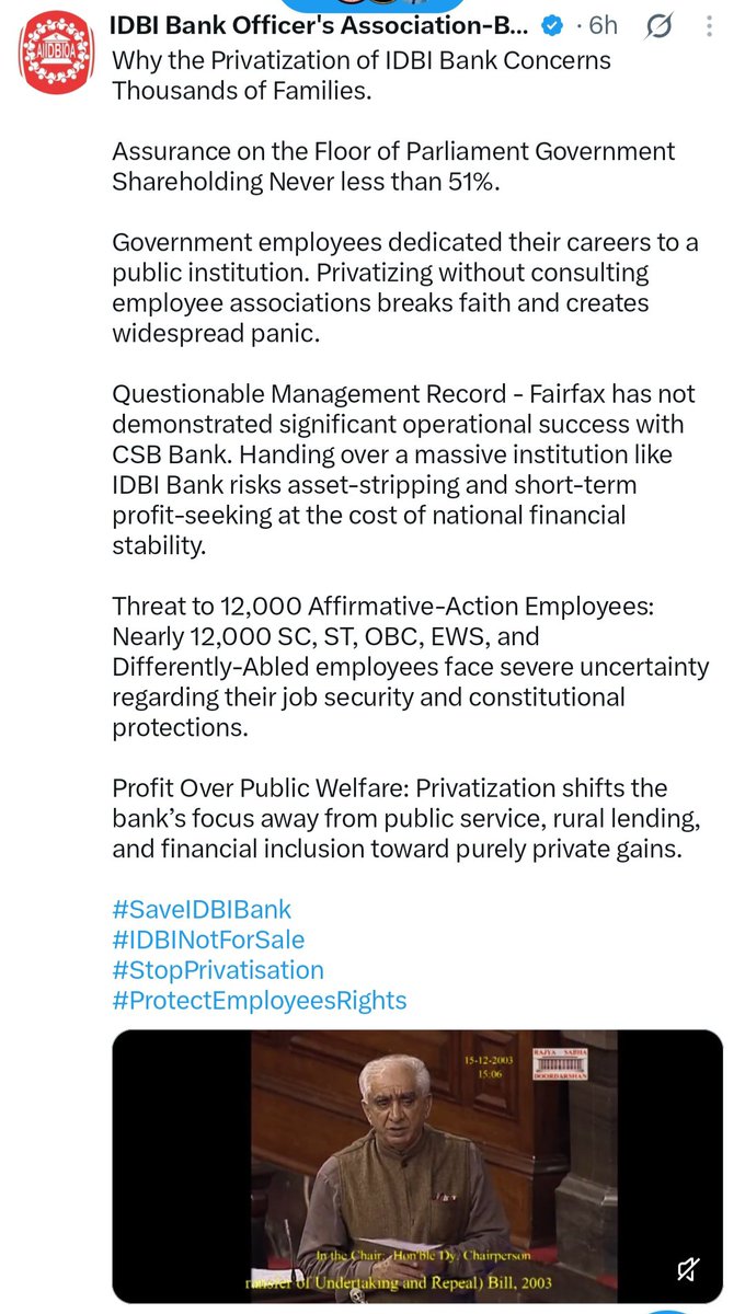 Nagarju27932886's tweet photo. #StandWithIDBI #SaveIDBI #IDBInotforSale #DoNotPrivitiseIDBIbank 
@PMOIndia @SecyDIPAM @RahulGandhi @PemmasaniOnX 
The Govt failed to stand on Parliamentary Assurance given in parliament not to reduce the Govt stake below 51%. Please don't sale IDBI and rethink govt decission https://t.co/BQxxb5esq3