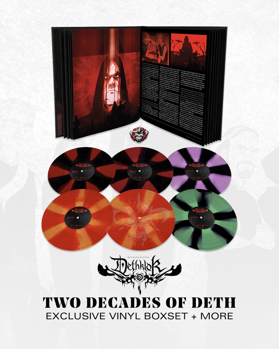 Revolvermag's tweet photo. ⚔️ Celebrate 20 years of DETHKLOK and METALOCALYPSE with new, exclusive vinyl — including the 'Two Decades of Deth" Deluxe LP Book Box complete with all 4 studio albums, new 36-page liner notes, and commemorative coin.

Shop now! https://t.co/1jvtEXGu5t https://t.co/uIyYpa4N3V