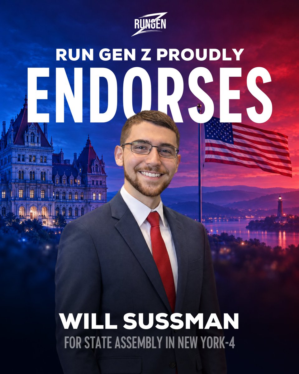 RunGenZ's tweet photo. Meet our 2026 New York Slate
 
Run Gen Z is proud to endorse the next generation of conservative leaders running in New York:
 
Assemblyman Jake Blumencranz · Senate District 7
James Corl · Senate District 50
Will Sussman · Assembly District 4
Conner Dunleavy · Assembly District 13
Paolo Pironi · Assembly District 15
Assemblyman Anil Beephan Jr. · Assembly District 105
Tanner McCracken · County Legislature, Putnam County, District 8
 
Swipe to meet them. Election Day is Tuesday, November 3.
 
See the full slate at https://t.co/BduiUl1xbi
