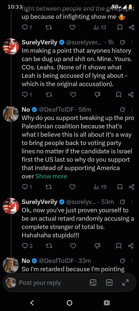 DeafToIDF's tweet photo. @surelyverily @LindaH876 @realstewpeters @leahfiles I believe that @surelyverily mass reported all of my comments and I had to delete a comment from 2 months ago during the conversation we were having about how I believe that Stew Perters is working for Israel 
The truth of the conversation with just him saying how retarded I am https://t.co/Mcsvl78Yk7