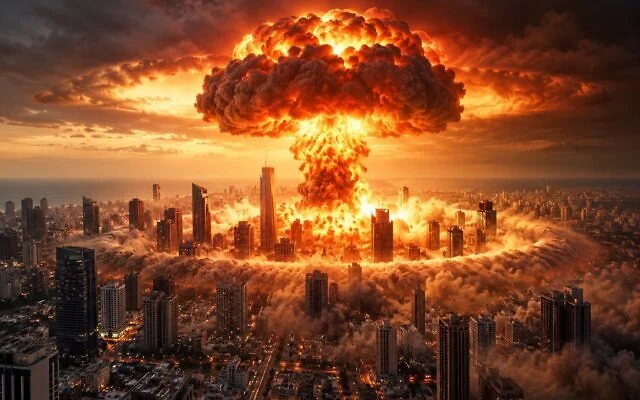 Gurbuz_Evren's tweet photo. Netanyahu tam anlamıyla çıldırmış vaziyette. Salı günü yapılacak seçimlerde İsraillilerin kendisini tekrar seçmemesi durumunda İran'ın, Tel Aviv'i nükleer bomba ile vuracağını söyledi. Yapay zeka ile oluşturduğu bu fotoğrafı paylaştı. "Beni seçin yoksa 2. Holokost" gelir diyerek seçmeni tehdit etti.