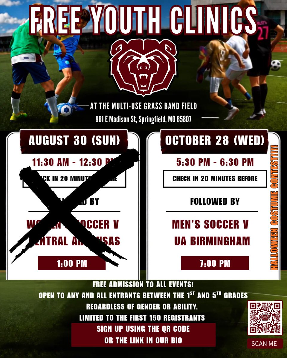 MoStateMSOC's tweet photo. Our final youth clinic of the year is Wednesday before our match against UAB! Kids between 1st &amp; 5th great are invited to sign up for the clinic and participate in our Halloween costume contest, winners will receive free summer camp! @MoStateWSOC 

#GoBears | #NoStateLikeMoState https://t.co/B3CEgZiJCl
