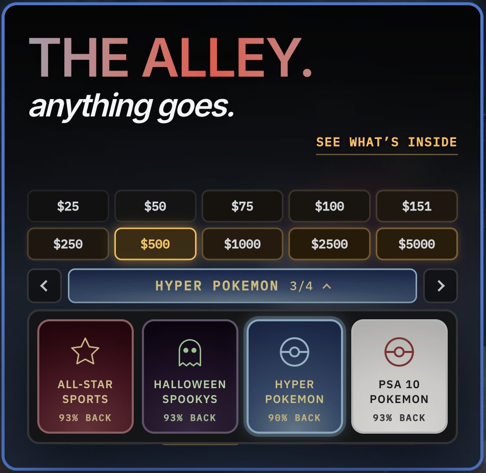 TheCardWall's tweet photo. Trick or Treat early with 3 limited time machines in the Alley 🎃

$50, $100, $500.
Gengar, Gengar, Gengar 👻

Some treats queued up for new users, most pulls, and highest value pulls 👀

Happy Halloween! https://t.co/AoeLTPg9oV