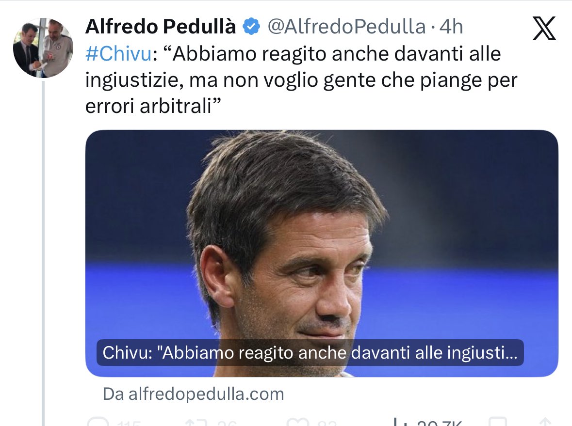 mvcalcio's tweet photo. Ennesimo ipocrita. “Abbiamo reagito alle ingiustizie”, ma poi dice che non deve piangere per arbitri. Tutto nella stessa frase. Personaggio che definire patetico è poco. https://t.co/y6xCuzezC8