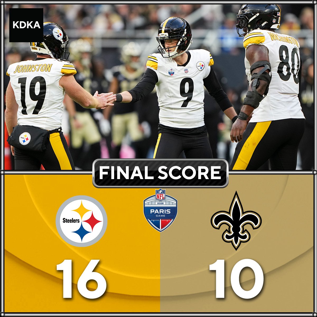 KDKA's tweet photo. STEELERS WIN! The Steelers won the NFL's first-ever game in Paris, 16-10, over the Saints. #HereWeGo 

Recap: https://t.co/qOzPNYdiS2 https://t.co/HK8HCFgCml