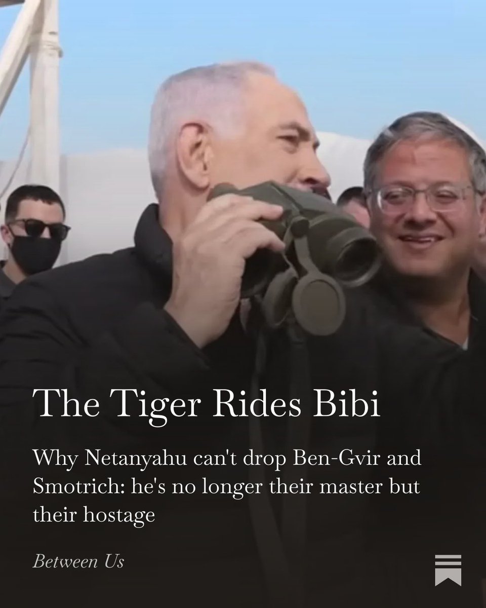 Nadav_Eyal's tweet photo. NEW: Netanyahu thought he could ride the far-right tiger. Now the tiger owns him.

He cannot dump Ben-Gvir and Smotrich. It has not even attempted to pivot to the center. He has made his political survival dependent on the extremists he empowered.

Here's why- and what it means for Israel's future:
https://t.co/50sfkkkLUE