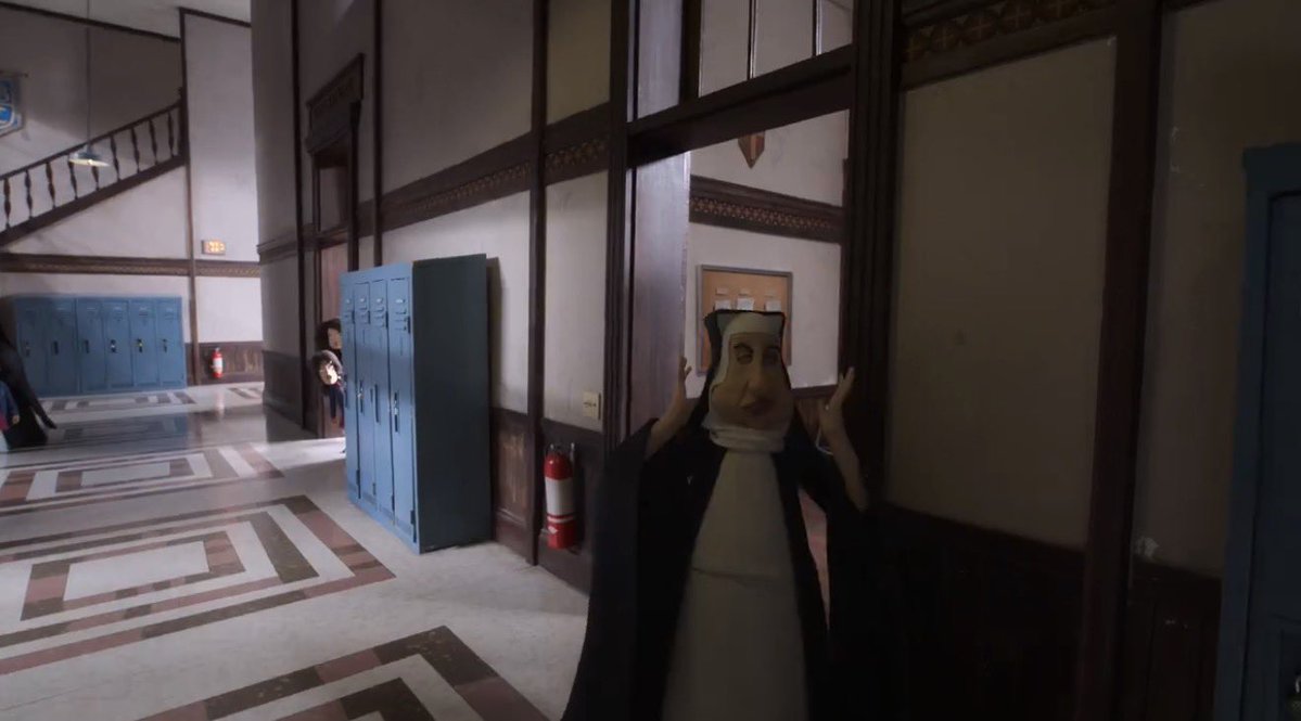 ArianaGrandetti's tweet photo. Not to mention the all white nuns looking at her in horror. I know it’s supposed to be about the style, however, with the whole stereotype, it makes it look like they’re in horror of the only black girl. Obviously, we were not thinking in the first place but this does not really help either. Not to mention, they follow her throughout the school💀