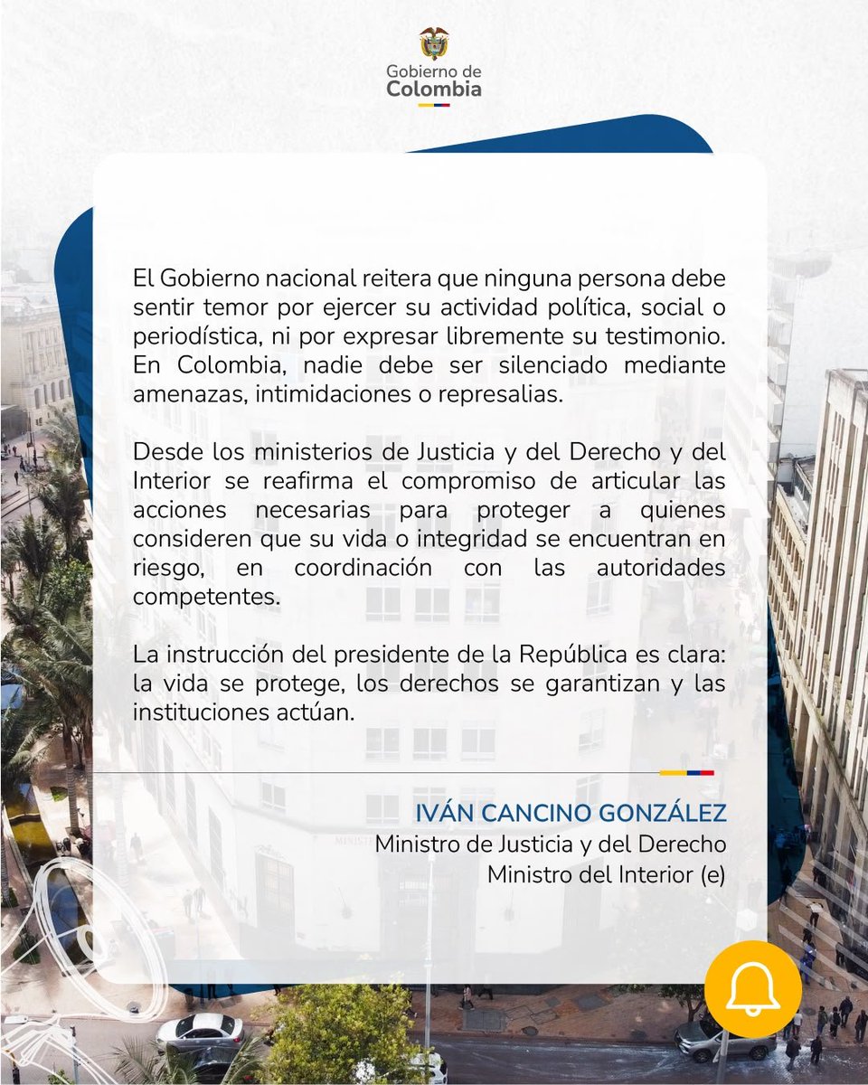 MinInterior's tweet photo. #Comunicado |El ministro de Justicia y ministro del Interior (e), Iván Cancino, anuncia que por instrucción del presidente @ABDELAESPRIELLA, @MinjusticiaCo y @UNPColombia activan ruta de protección para salvaguardar la vida e integridad de Deicy Jiménez. https://t.co/612mlE9pPM