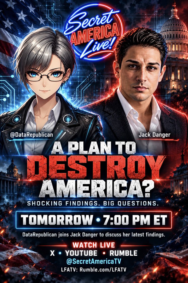 JackDangerLIVE's tweet photo. 🔥There’s a shocking plan to destroy America that will terrify the masses…

Tomorrow at 7:00PM ET, @DataRepublican joins Jack Danger on Secret America Live! as they expose this plan to the world.

Watch 📺:

X, YouTube &amp; Rumble:
@SecretAmericaTV

LFATV:
https://t.co/v92GJW0mRS https://t.co/RJXZiu17uY