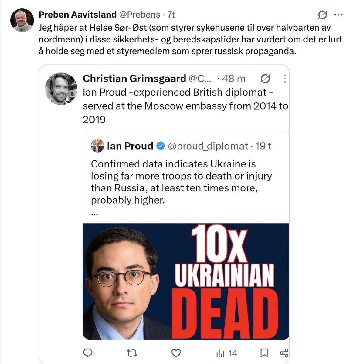 KSkogholt's tweet photo. Preben Aavitsland er en totalitær drittsekk. Selv er han en ukritisk spreder av den mest idiotiske krigspropagandaen som tenkes kan, men hvis noen bruker sin demokratiske rett til å være uenige med ham, så prøver han å skremme dem til taushet ved å true levebrødet deres. https://t.co/FgjHIcAtkI