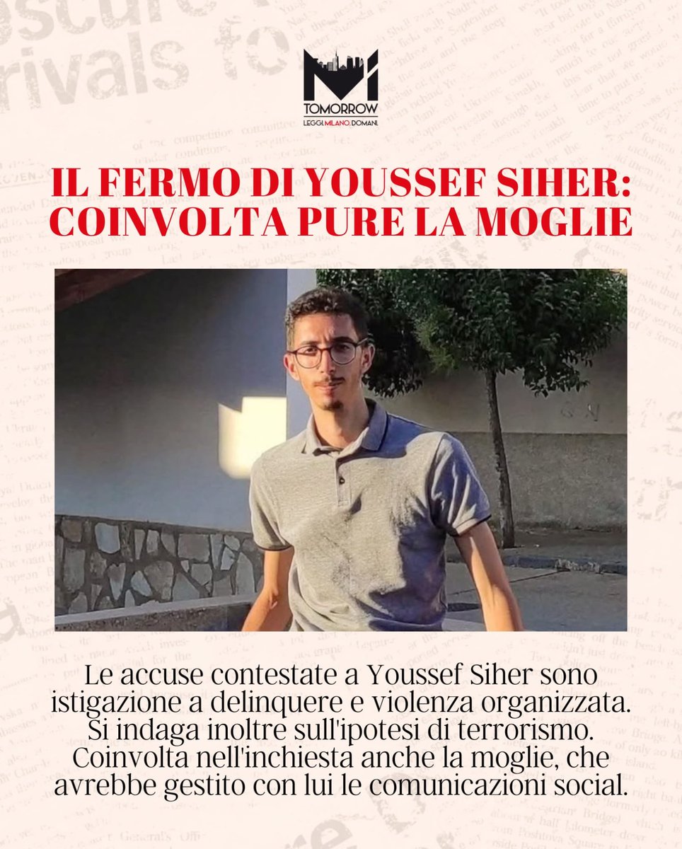 MiTomorrow's tweet photo. 𝗜𝗡𝗗𝗔𝗚𝗔𝗧𝗔 𝗔𝗡𝗖𝗛𝗘 𝗟𝗔 𝗠𝗢𝗚𝗟𝗜𝗘

Youssef Siher, 30 anni, è stato fermato dalla Polizia di Stato nell’ambito dell’inchiesta della Procura di Milano sulle manifestazioni e sugli scontri

✍🏼 @andrea_gussoni
💻 Continua su 𝐦𝐢𝐭𝐨𝐦𝐨𝐫𝐫𝐨𝐰.𝐢𝐭

#Milano #youssef https://t.co/vFMyVxi53y