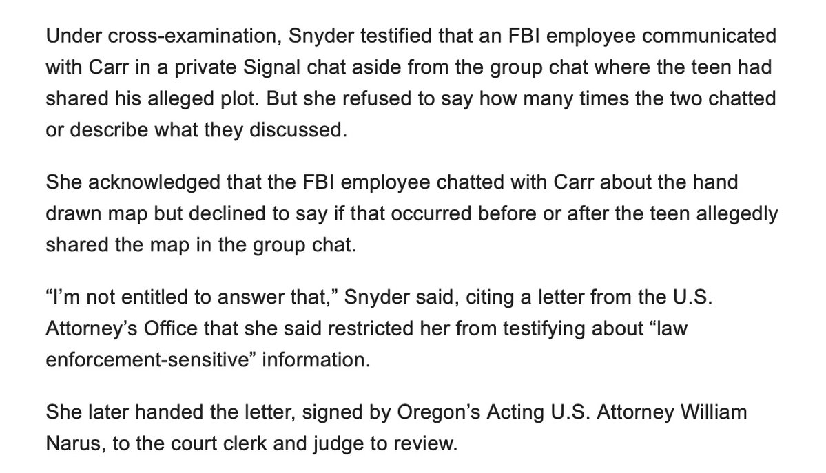 JD_Cashless's tweet photo. This case ended up collapsing after the FBI refused to produce the online chats between the teenager and the undercover FBI agent--chats that included "exculpatory information."
The judge struck the chats from the record after the FBI refused to produce the entire log. The judge also found that the teenager never took any “substantial step” toward carrying out the plan.
After initially being charged with attempted murder, the teenager pled down to disorderly conduct and unlawful possession of a firearm. He received probation in April.