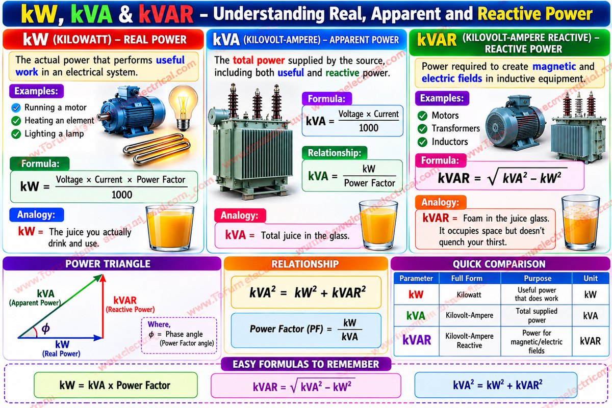 Rabert_infohe's tweet photo. kW vs kVA vs kVAR: Key Differences, Formulas & Examples https://t.co/xtkTTjbe57
#ElectricalEngineering #KW #KVA #KVAR #RealPower #ApparentPower #ReactivePower #PowerFactor #PowerTriangle #ElectricalFormulas #Transformer #ElectricalBasics
https://t.co/xtkTTjbe57 https://t.co/gj9qBBarpV
