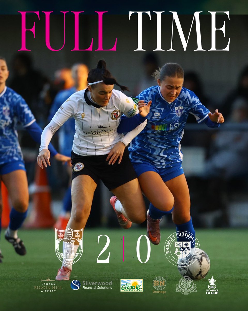BromleyFCWomen's tweet photo. ⏱️ FULL TIME

Barking 2-0 Bromley

Our Women’s FA Cup journey comes to an end following defeat on the road

A disappointing afternoon, but plenty to be proud of from our cup run this season 🖤🤍

Our focus now turns back to league action

#WeAreBromley https://t.co/TXrVc5GL05