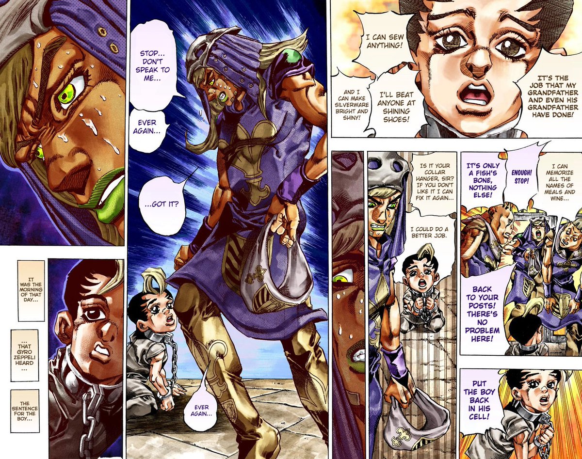 _Delca_'s tweet photo. On parle pas du fait que Steel Ball Run ait cut la scène de l'agression de par une détenue dont il a pitié qui lui arrache son col (ce qui renforce ce que son père lui disait), l'engueulade avec ce dernier, le fait que Marco ait recousu le col et qu'il ait rencontré Gyro comme ça https://t.co/hTCstDrRHi