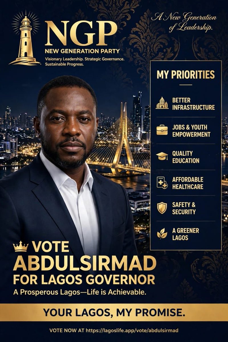 NEWGENERATz6's tweet photo. 🌆 LAGOS, ARE YOU READY? 🔥

Meet NGP’s candidate for Governor of Lagos! Discover the vision, explore the plans, and join the conversation! 💚👇

@LagosLifeApp @Shalom_HeyEliy #LagosLifePolitics #NGP https://t.co/n0rYWVrAe7