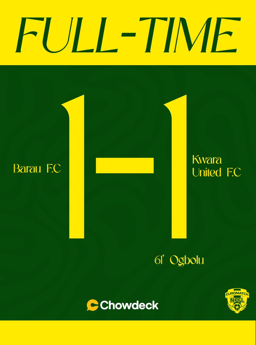 KwaraUnitedFC's tweet photo. ⏰️FULL TIME 

🔵BARAU FC  1
🟡KWARA UNITED 1

#BARKWA #EUROMATCHNPFL27 #MD10
#WeAreHarmonyBoys🔰 https://t.co/QDg5Db0x0c