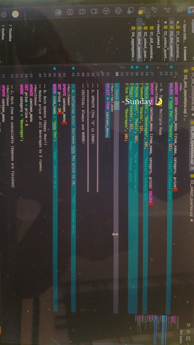 _PRAVEEN15's tweet photo. Spent the weekend on SQL fundamentals. Key areas:

• DDL &amp; constraints — create/alter/drop, PK, FK, unique, check, default
• DML — insert, update, delete
• SELECT — WHERE, ORDER BY, LIMIT/OFFSET, aliases, DISTINCT
• Aggregations — COUNT/SUM/AVG/MIN/MAX https://t.co/znpDD2JrHy
