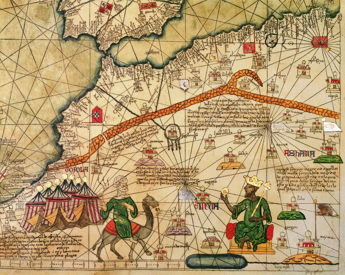 MeisterDrucke's tweet photo. A crowned Black king holds a gold sceptre while a camel trader crosses his empire of compass lines. Cresques, 1381.
#MedievalArt #MapHistory #meisterdrucke https://t.co/5hhAYpX0kJ