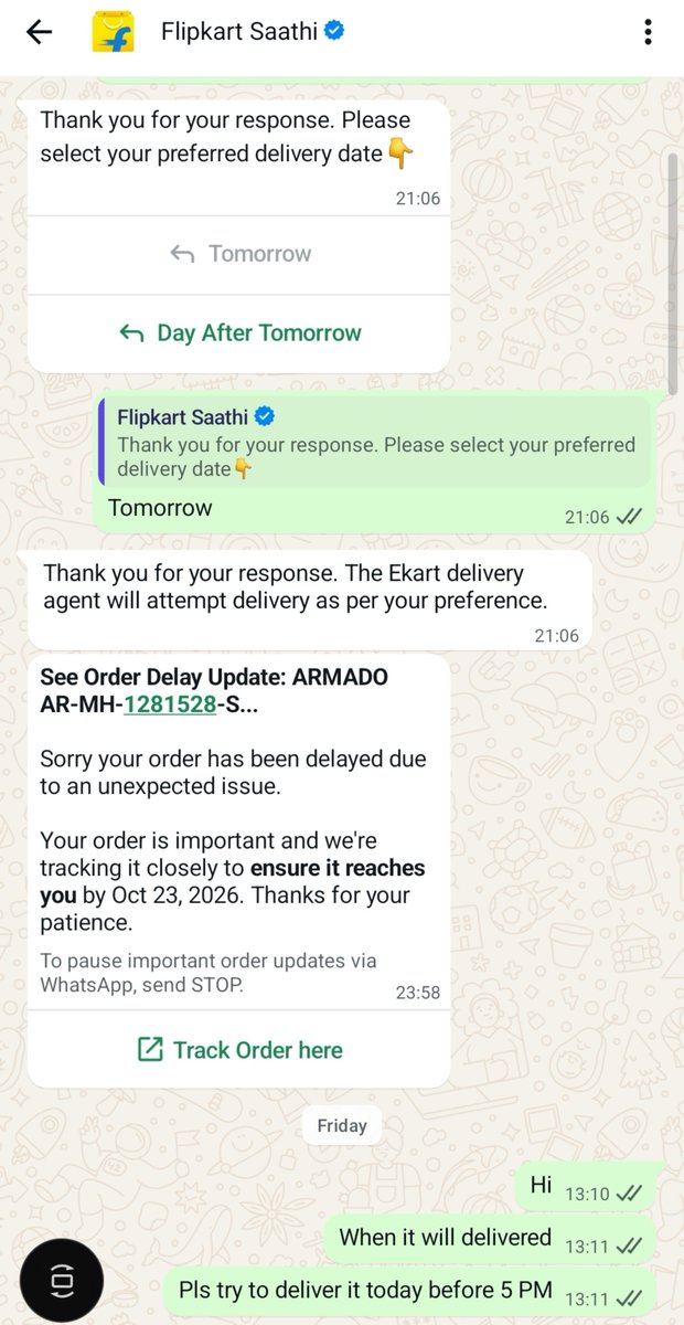 ashutosht9889's tweet photo. .@Flipkart @FlipkartSupport Order #OD338910234635559100 was due on 23 Oct, yet remains undelivered. No delivery agent contacted me despite a false “Delivery Attempted” status and my repeated requests. Promises mean nothing without action!Deliver immediately and resolve this. https://t.co/bWZwkEor2v