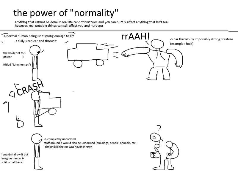 hi_itsBlizzard's tweet photo. idea for a power i had when i was taking a shower yesterday
basically, things that cannot happen in our world cannot damage you, and you can damage impossibly strong things as if they were average strength humans
however stuff like guns &amp; knifes (w no magical properties) can https://t.co/ia4QdZ9o5I