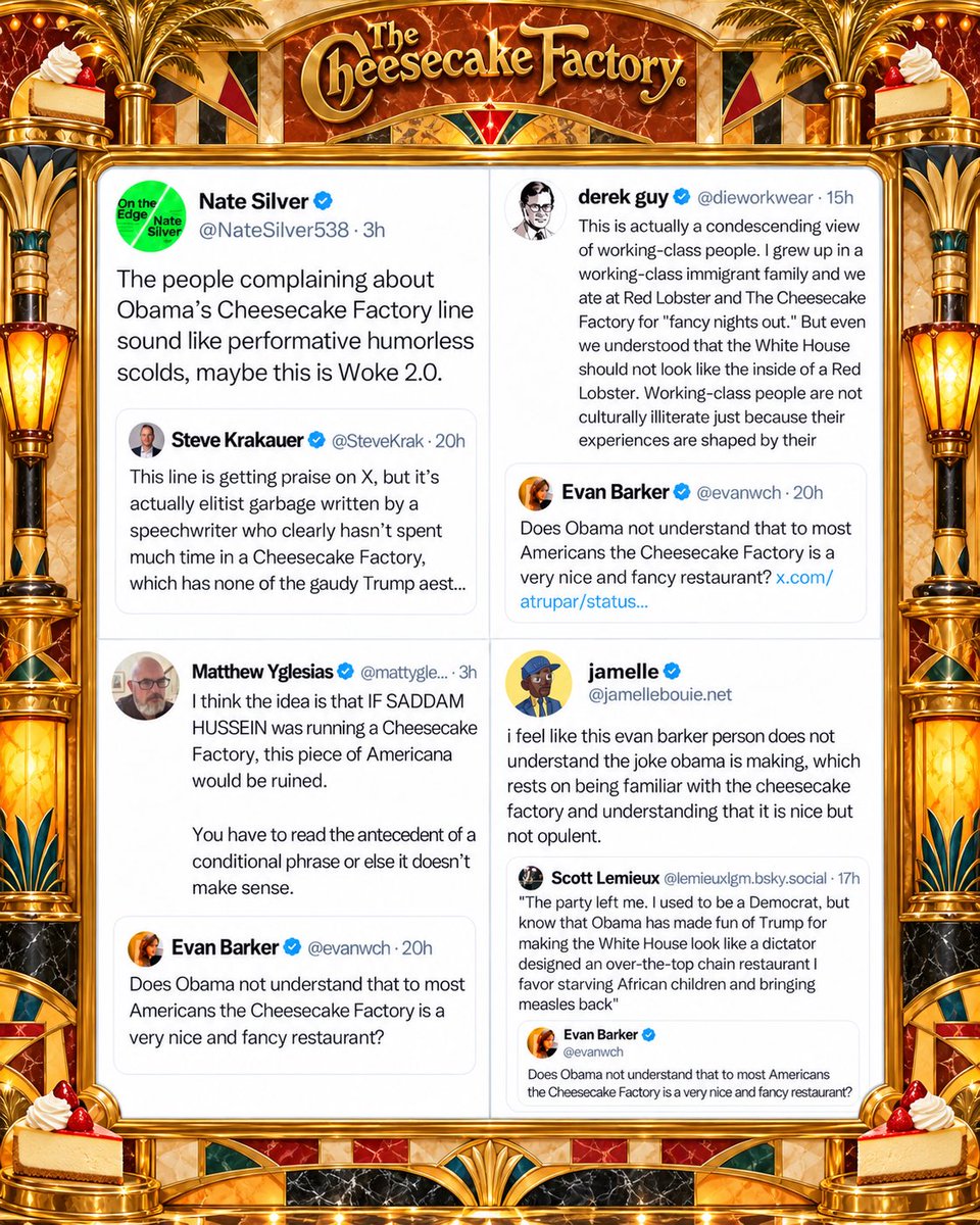 evanwch's tweet photo. The coastal elites hate Americana. We know what they really think, and we know why they are so quickly defending Obama’s snobbery. They might think they are “too good” for the Cheesecake Factory, or find the decor to be tacky, but most regular Americans don’t https://t.co/2SADI5lNUR