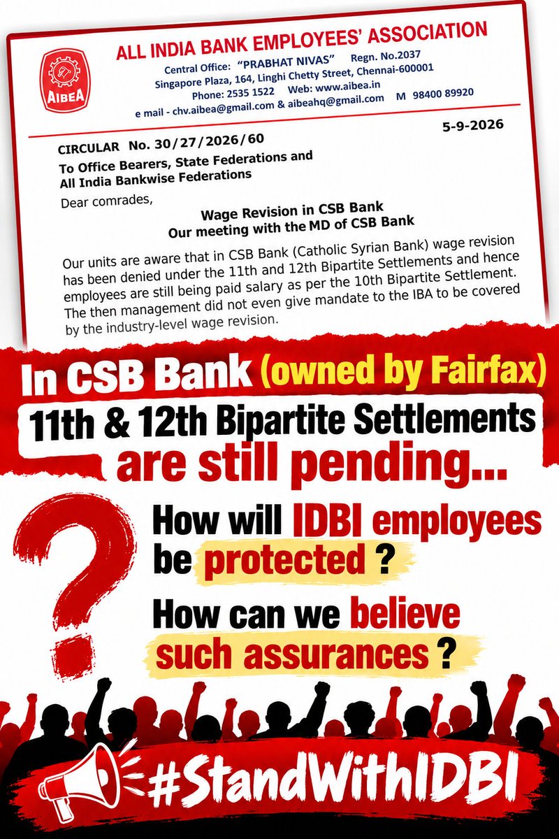 saveidbibank64's tweet photo. @SecyDIPAM
Bank, owned by Fairfax, reportedly still has its 11th and 12th Bipartite Settlements pending, leaving employees awaiting wage revision.
What concrete, enforceable safeguards will protect IDBI Bank employees after privatisation?
IDBI employees helped turn the bank around. Their jobs, future and wage-revision rights must be protected.
Protect employees. Protect their rights. Keep IDBI accountable to the nation.#StandWithIDBI #IDBI