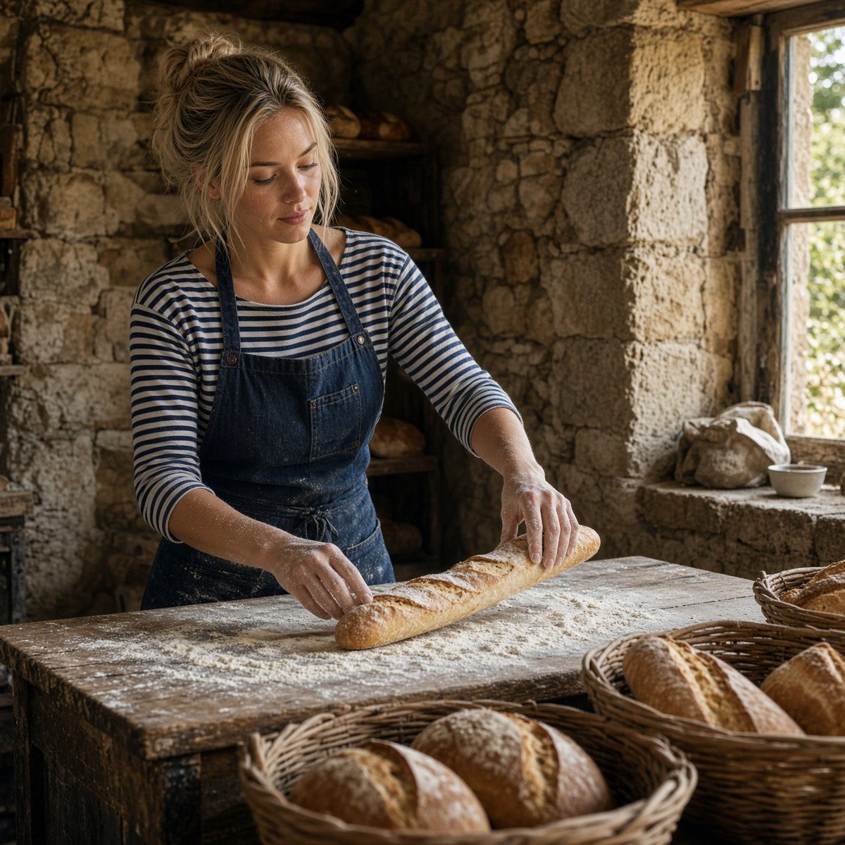 SofyLightAI's tweet photo. Provence bakery, morning. Tight square past the bread baskets, window light on the flour. Prompt in replies. #GrokImagine https://t.co/MeRalPx5JK