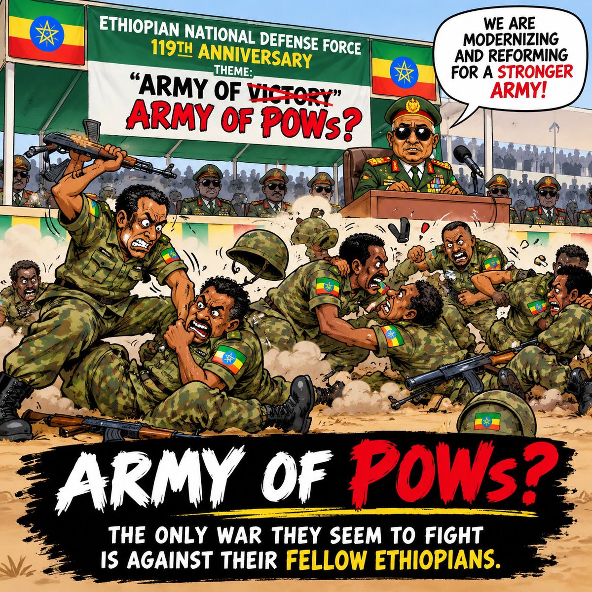 Erialways1's tweet photo. ETHIOPIA’S “ARMY OF VICTORY”? WHAT A SICK JOKE!

Victory over whom? Their own fellow Ethiopians?

They parade their medals while Ethiopia buries its children.

An army celebrating victory over its own people. What a disgrace! https://t.co/VrEGDgoQuq