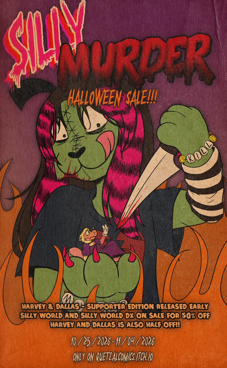 LEGENDARYD0GS's tweet photo. HARVEY &amp; DALLAS IS UP IN FULL ON ITCH EARLY FOR THE HALLOWEEN SALE!

if you want to know what happens next early, you can grab it there + get some extra goodies for only a dollar (for a limited time before it goes back up to $2). Check it out!! 
(silly world is also on sale) https://t.co/Mu1dQZAdvI