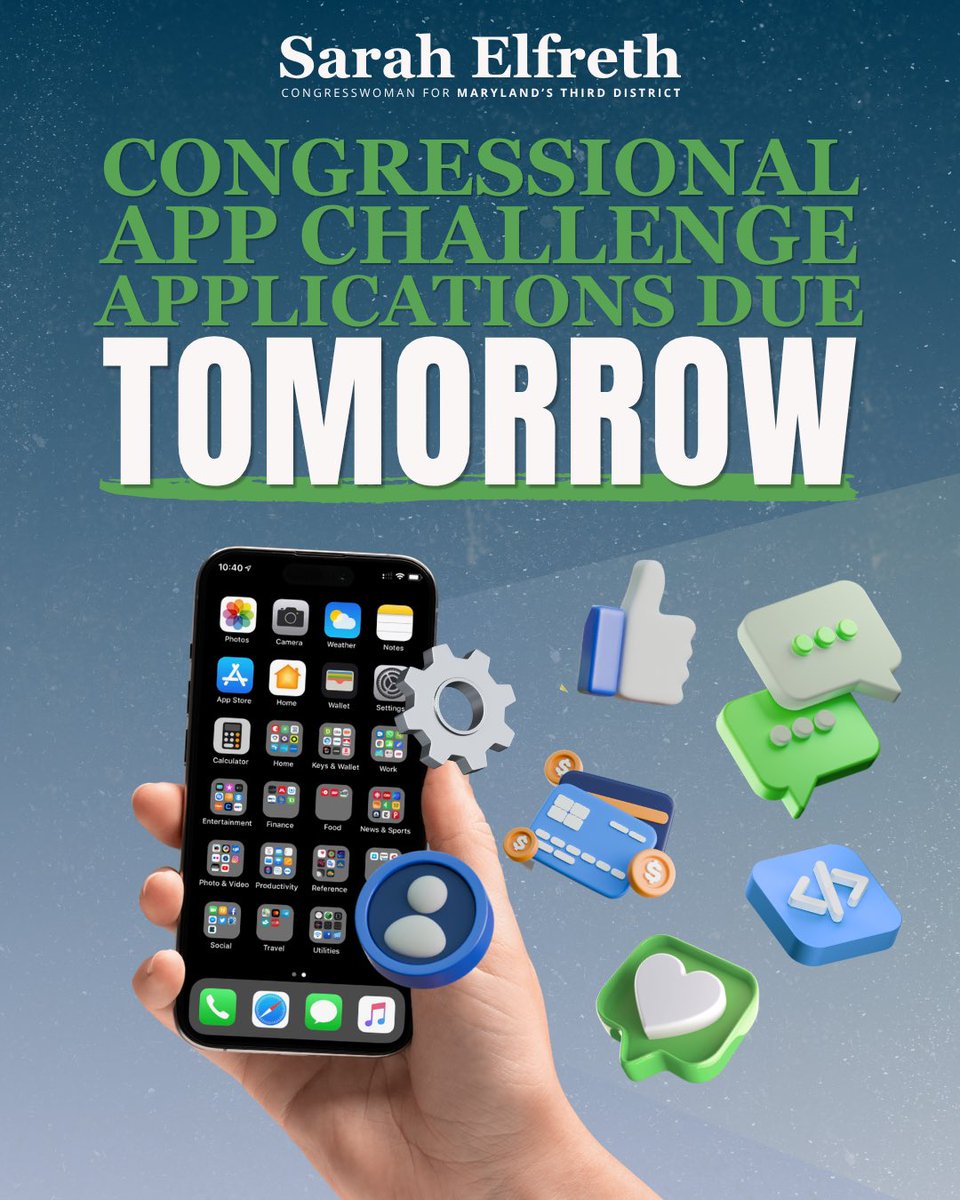 A political campaign-style graphic announces a congressional app challenge deadline. A hand holds a smartphone surrounded by floating app and social media icons. Text appears prominently across the top and center.