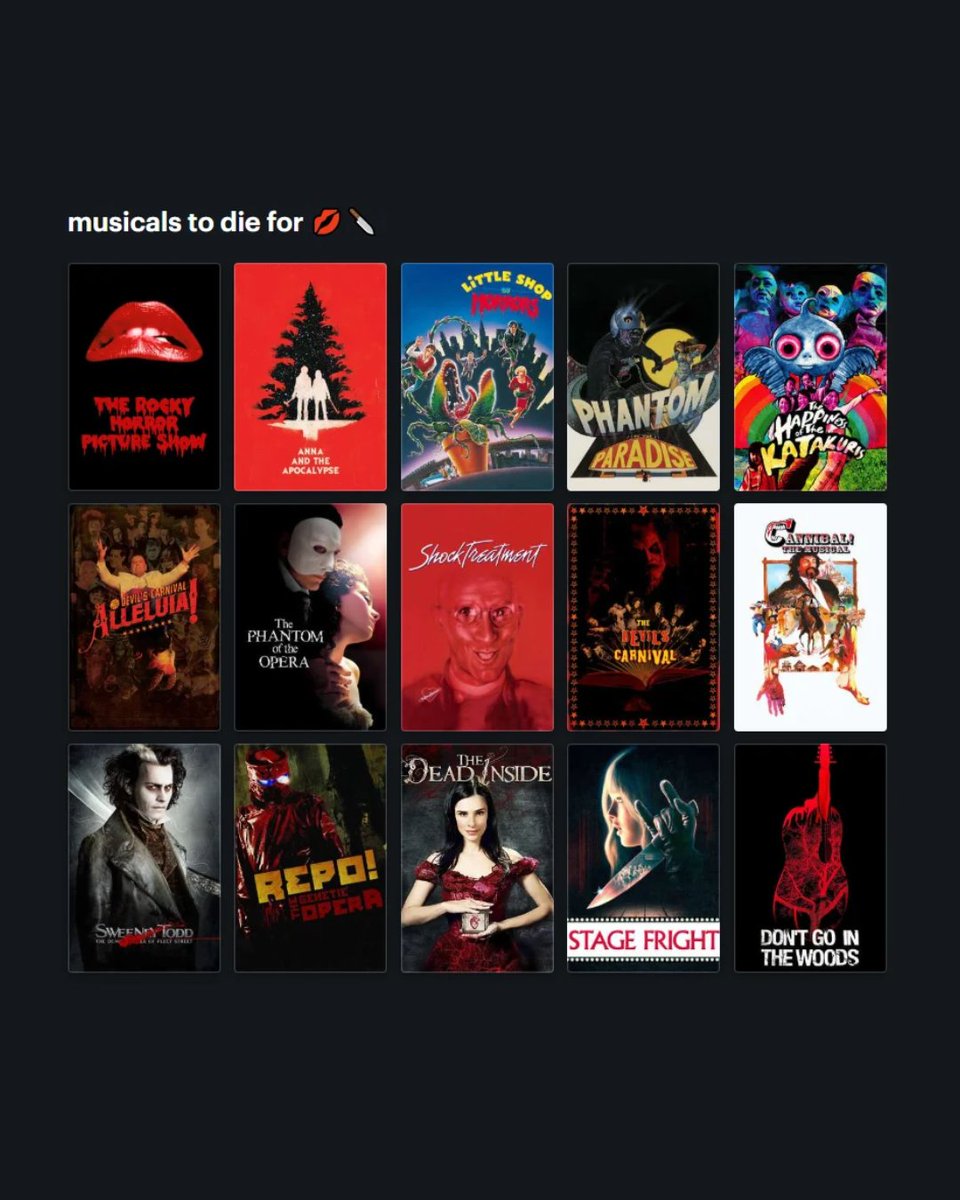 letterboxd's tweet photo. horror musicals to sing (and scream) along to 🎶 
which one is your favorite?

View the list: https://t.co/VCCnGAkDhT https://t.co/ZI1utv1y7n