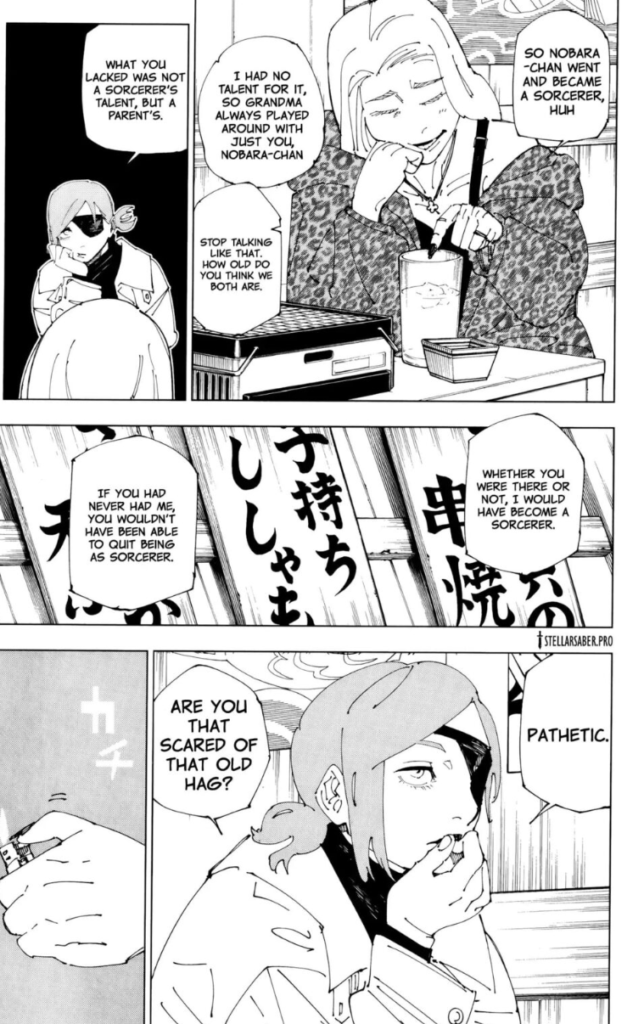 manuelinp12's tweet photo. One interesting parallel between Nobara and Yuuji is that they were born just because they served a purpose to their mothers. Nobara's mom had her to leave the jujutsu world. Kenjaku had Yuuji for the sake of his plan.
Also, both of them were raised just by their grandparents and https://t.co/mzcYFJKLX9