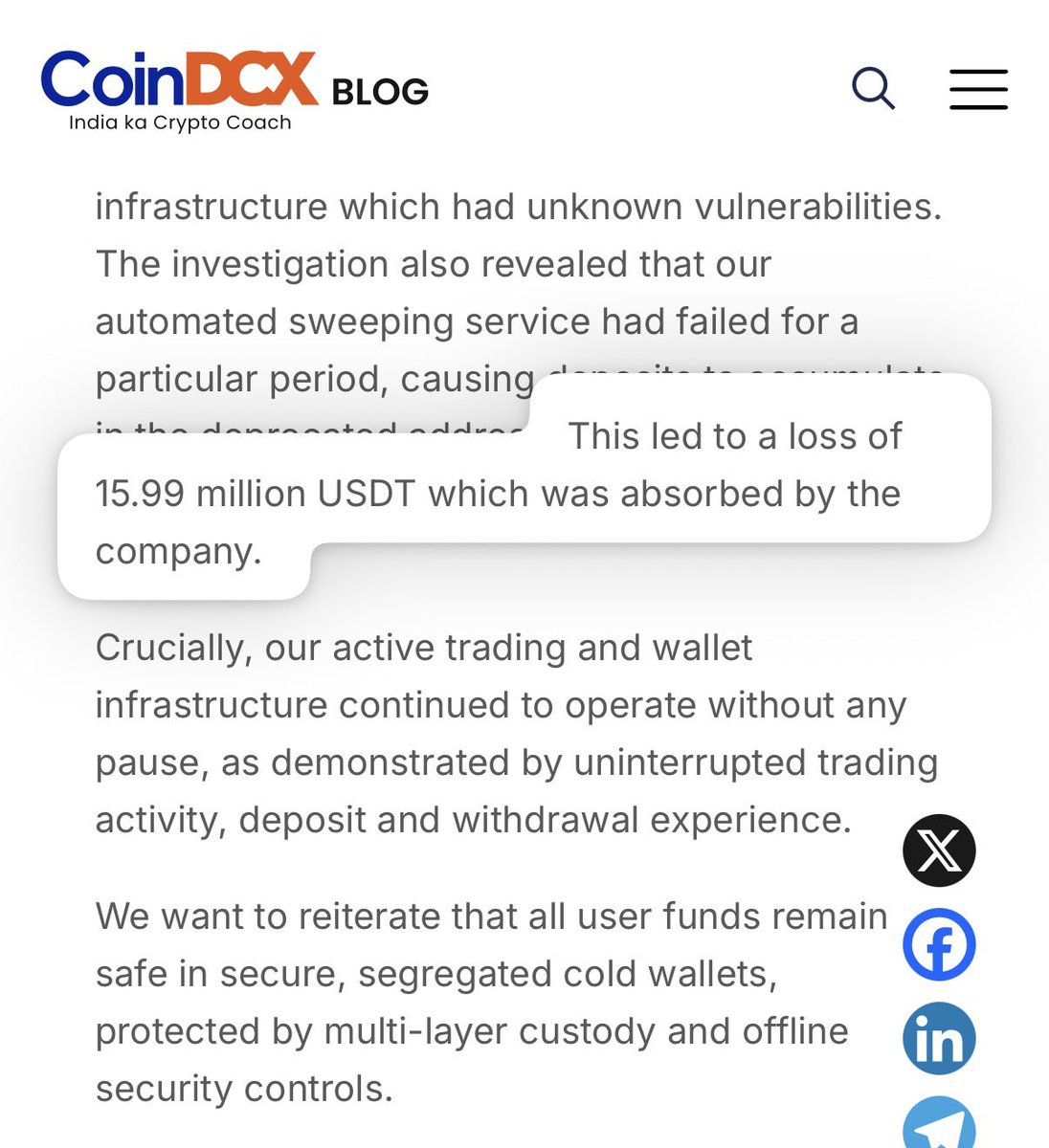 hrithikk's tweet photo. CoinDCX finally admitted the $16M loss

But the crazy part is it took them 3 days to admit it. On day 1, the CEO called it a rumour and said none of their addresses were affected.

Kinda funny how they think the community is fool and they can fool us this easily 

I'll say it again, withdraw every single penny from these shady, low-tier exchanges. 

Don't wait, if you love your money