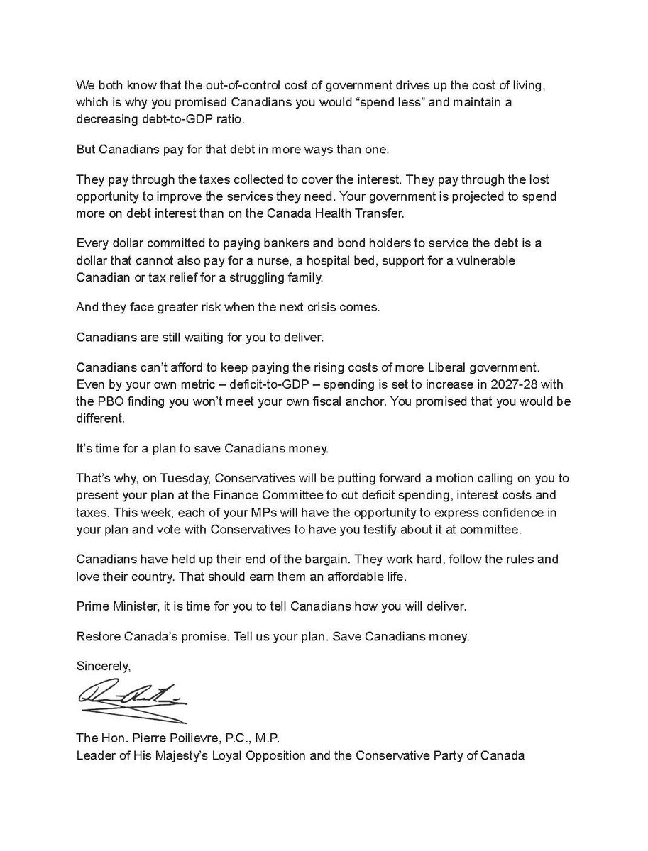 PierrePoilievre's tweet photo. Mark Carney promised to spend less.

Instead, he doubled Trudeau's deficits. Now, interest on Liberal debt will cost a family of 4 about $6,000. 

On Tuesday, Conservatives will move to call the Prime Minister before the Finance Committee to ask him how he plans to cut deficits, debt interest, and taxes to save Canadians money.